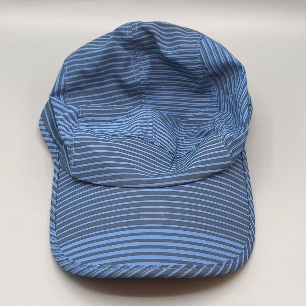 Brooks 5 Panel Hat Cap Strapback OSFA Blue Stripe Running Lightweight Adjustable
